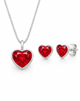 Conjunto Colar e Brinco Ponto de Luz Coração Vermelho Prata 925